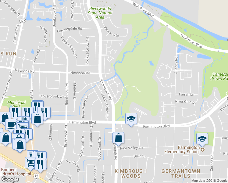 map of restaurants, bars, coffee shops, grocery stores, and more near 1836 Hunters Creek Drive in Germantown