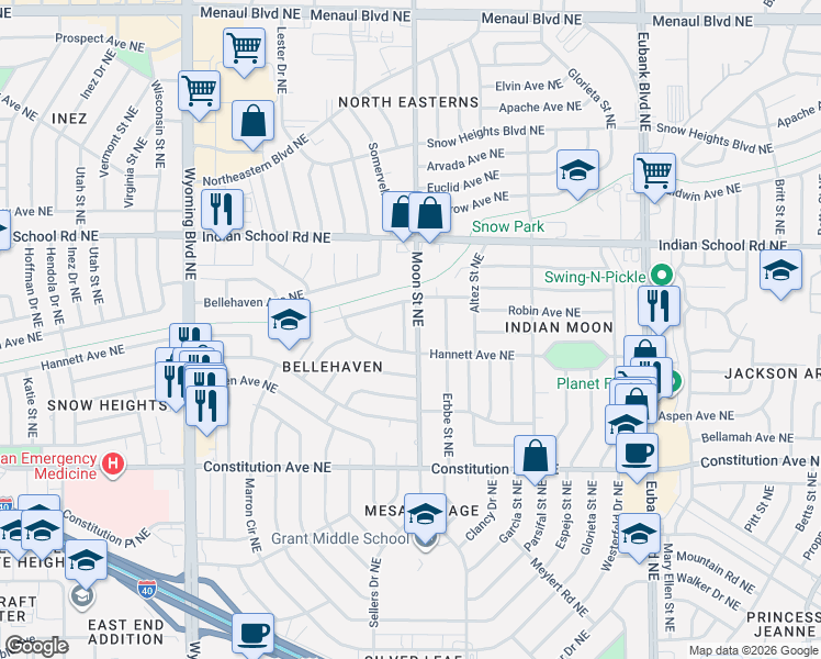 map of restaurants, bars, coffee shops, grocery stores, and more near 1600 Haines Place Northeast in Albuquerque