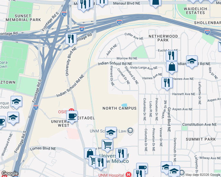 map of restaurants, bars, coffee shops, grocery stores, and more near 1502 Harvard Court Northeast in Albuquerque