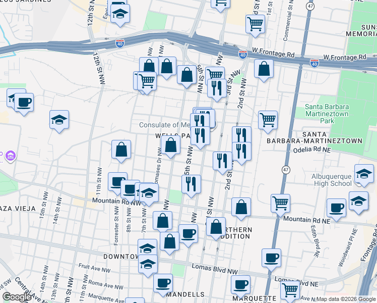 map of restaurants, bars, coffee shops, grocery stores, and more near 1412 5th Street Northwest in Albuquerque