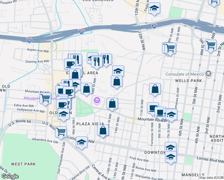 map of restaurants, bars, coffee shops, grocery stores, and more near 1307 15th Street Northwest in Albuquerque