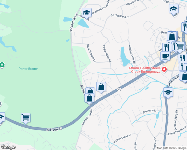 map of restaurants, bars, coffee shops, grocery stores, and more near 14043 Singleleaf Lane in Charlotte