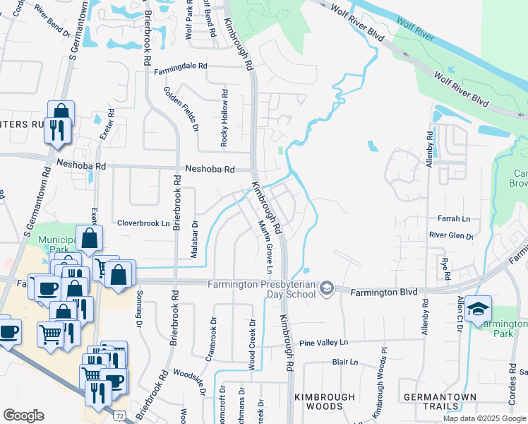 map of restaurants, bars, coffee shops, grocery stores, and more near 1845 Kimbrough Road in Germantown