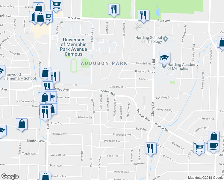 map of restaurants, bars, coffee shops, grocery stores, and more near 4201 Rhodes Avenue in Memphis