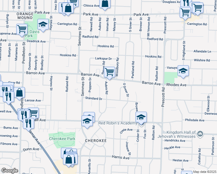 map of restaurants, bars, coffee shops, grocery stores, and more near 1215 Aubra Road in Memphis