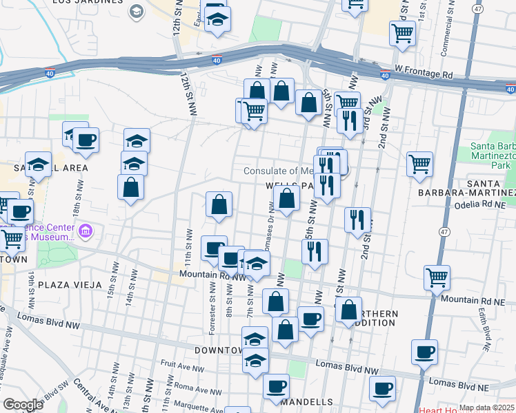 map of restaurants, bars, coffee shops, grocery stores, and more near 631 Kinley Avenue Northwest in Albuquerque