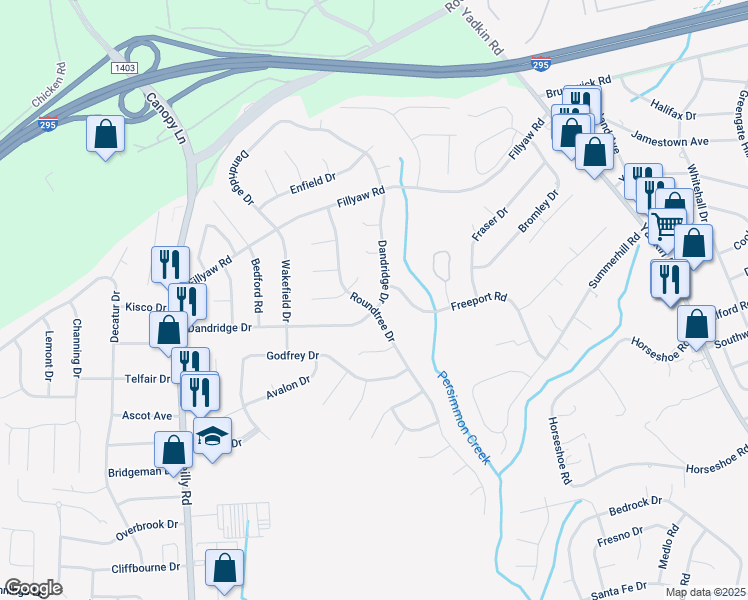 map of restaurants, bars, coffee shops, grocery stores, and more near 701 Dandridge Drive in Fayetteville