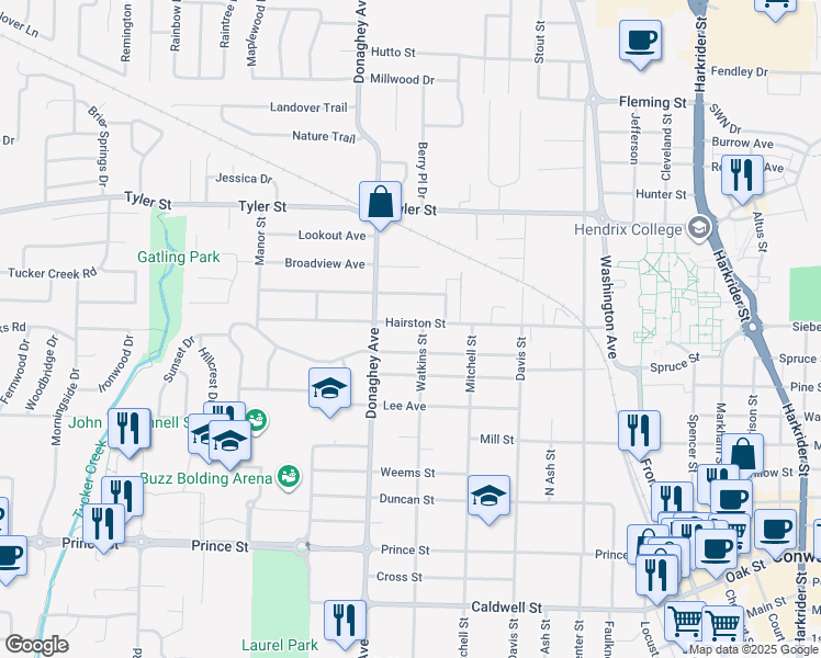 map of restaurants, bars, coffee shops, grocery stores, and more near 2020 Independence Street in Conway