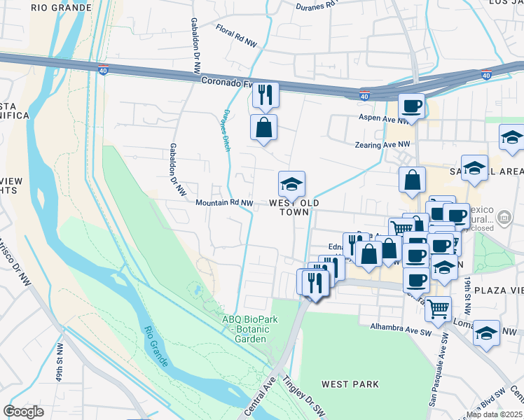 map of restaurants, bars, coffee shops, grocery stores, and more near 2800 Mountain Road Northwest in Albuquerque