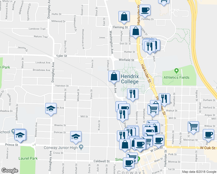 map of restaurants, bars, coffee shops, grocery stores, and more near 1559 Hairston Street in Conway