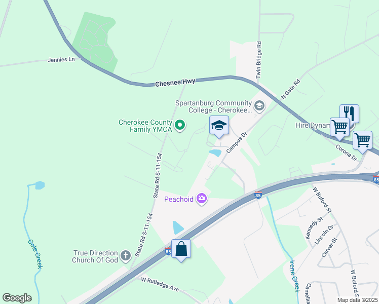 map of restaurants, bars, coffee shops, grocery stores, and more near 102 Stonecrest Lane in Gaffney