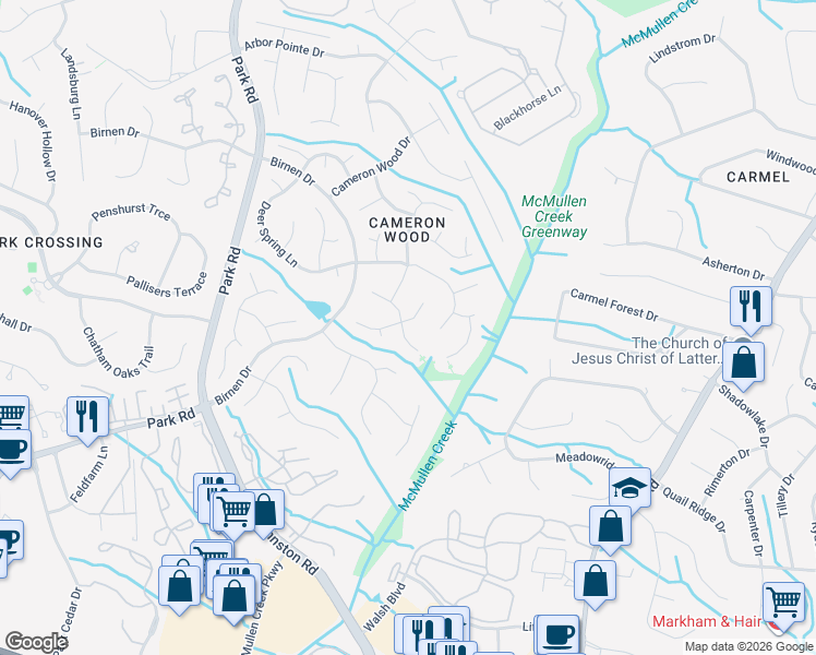 map of restaurants, bars, coffee shops, grocery stores, and more near 9912 Park Springs Court in Charlotte
