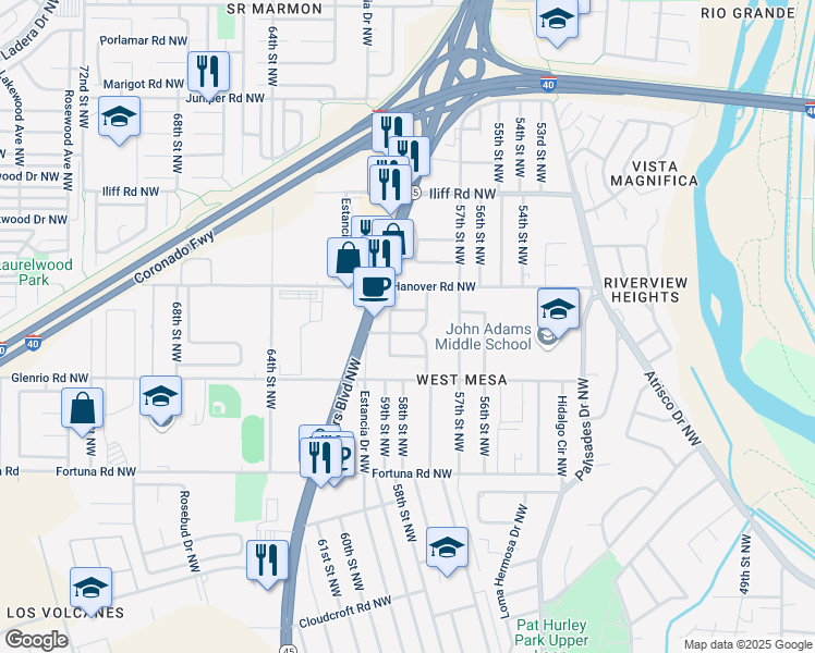 map of restaurants, bars, coffee shops, grocery stores, and more near 1007 Dolores Drive Northwest in Albuquerque