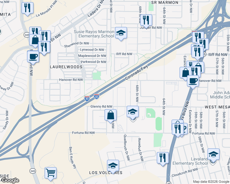 map of restaurants, bars, coffee shops, grocery stores, and more near 1008 72nd Street Northwest in Albuquerque
