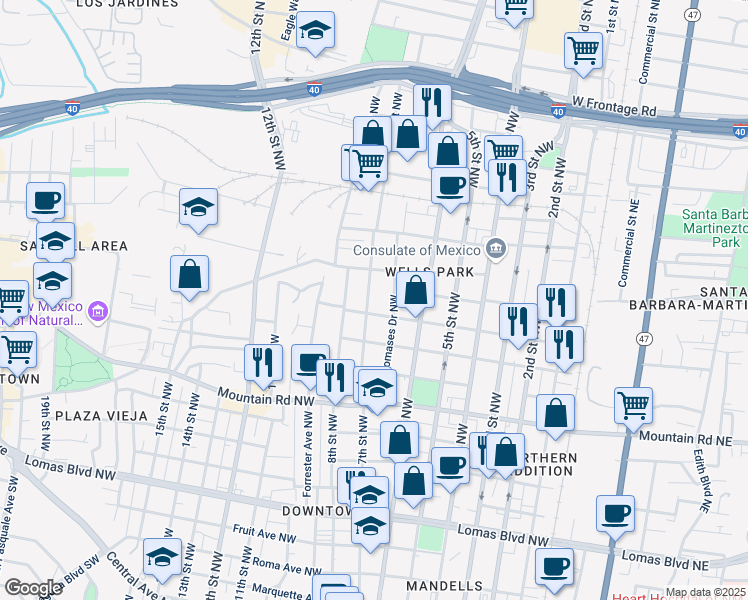 map of restaurants, bars, coffee shops, grocery stores, and more near 631 Kinley Avenue Northwest in Albuquerque