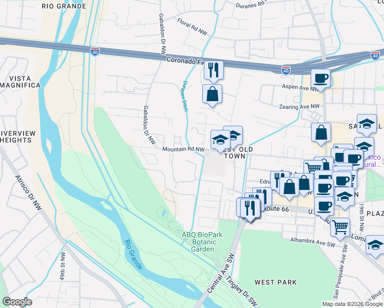 map of restaurants, bars, coffee shops, grocery stores, and more near 400 Cilantro Lane Northwest in Albuquerque