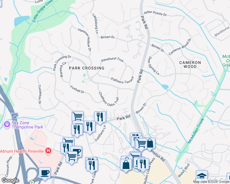 map of restaurants, bars, coffee shops, grocery stores, and more near 9724 Chatham Oaks Trail in Charlotte