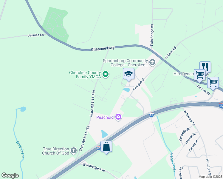map of restaurants, bars, coffee shops, grocery stores, and more near 102 Stonecrest Lane in Gaffney