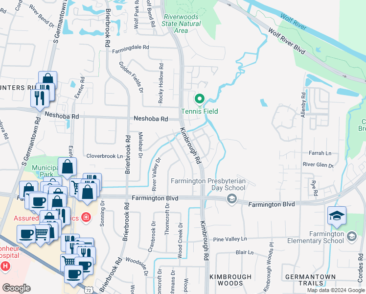 map of restaurants, bars, coffee shops, grocery stores, and more near 1844 Grenville Drive in Memphis