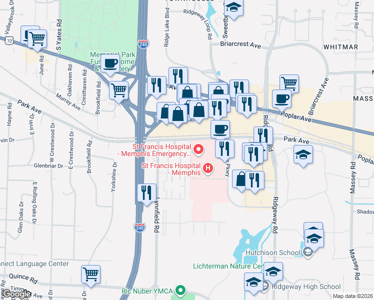 map of restaurants, bars, coffee shops, grocery stores, and more near 1204 Chamberlain Drive in Memphis