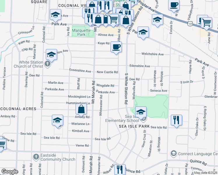 map of restaurants, bars, coffee shops, grocery stores, and more near 5045 Parkside Avenue in Memphis