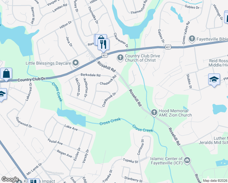 map of restaurants, bars, coffee shops, grocery stores, and more near 3521-3599 Cranbrook Drive in Fayetteville
