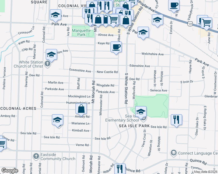 map of restaurants, bars, coffee shops, grocery stores, and more near 5045 Parkside Avenue in Memphis