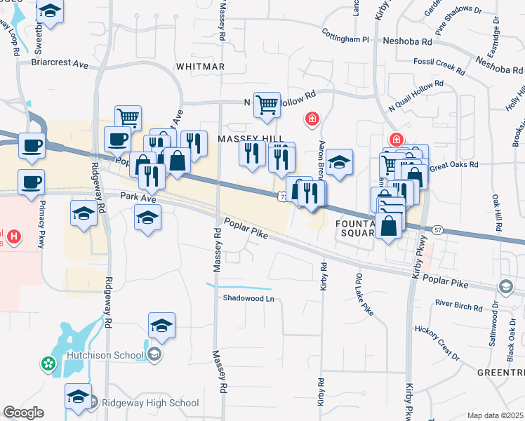 map of restaurants, bars, coffee shops, grocery stores, and more near 6401 Poplar Avenue in Memphis