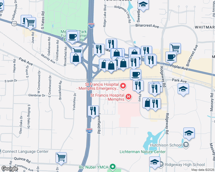 map of restaurants, bars, coffee shops, grocery stores, and more near 1205 Bristol Drive in Memphis
