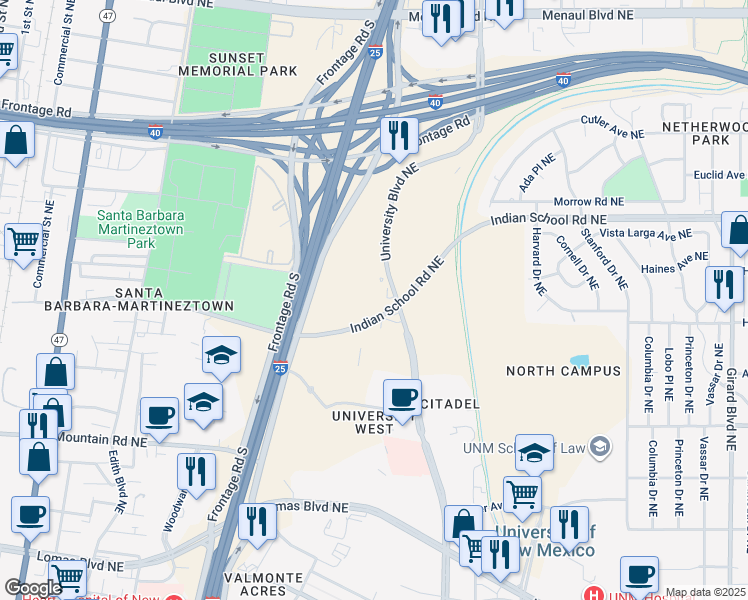 map of restaurants, bars, coffee shops, grocery stores, and more near 1501 Indian School Road Northeast in Albuquerque