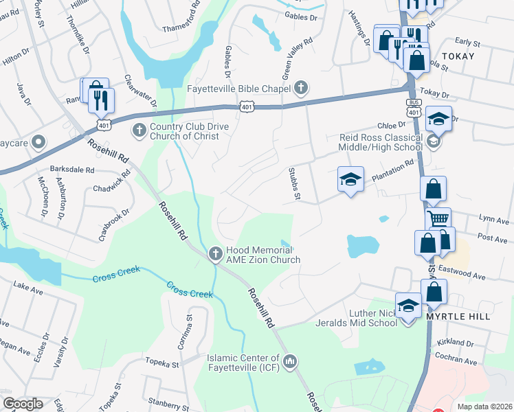 map of restaurants, bars, coffee shops, grocery stores, and more near 1655 Rock Creek Lane in Fayetteville