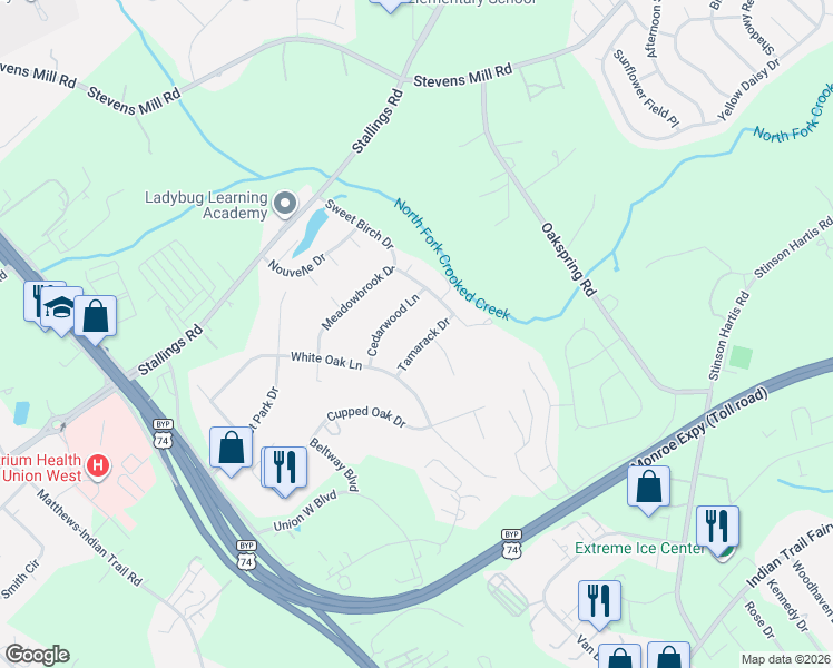 map of restaurants, bars, coffee shops, grocery stores, and more near 311 Tamarack Drive in Matthews
