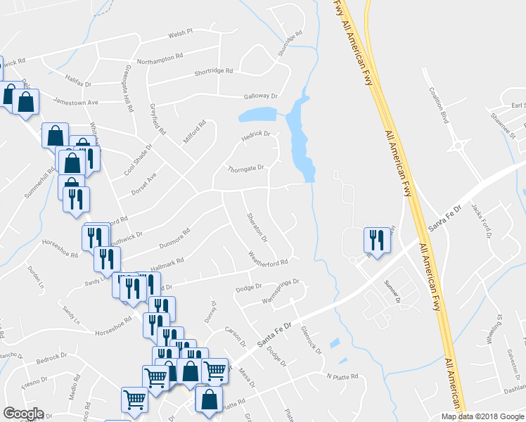 map of restaurants, bars, coffee shops, grocery stores, and more near 5614 Weatherford Road in Fayetteville