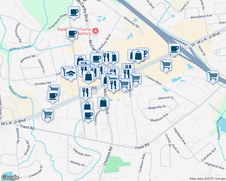 map of restaurants, bars, coffee shops, grocery stores, and more near 3301 Doctor Martin Luther King Junior Boulevard in New Bern