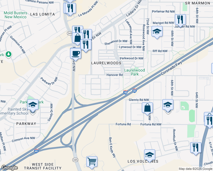 map of restaurants, bars, coffee shops, grocery stores, and more near 7712 Baybrook Road Northwest in Albuquerque