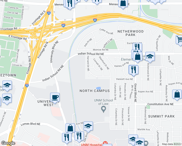 map of restaurants, bars, coffee shops, grocery stores, and more near Harvard Dr NE & Harvard Ct NE in Albuquerque