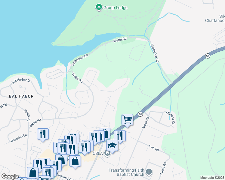 map of restaurants, bars, coffee shops, grocery stores, and more near 5059 Eller Road in Chattanooga