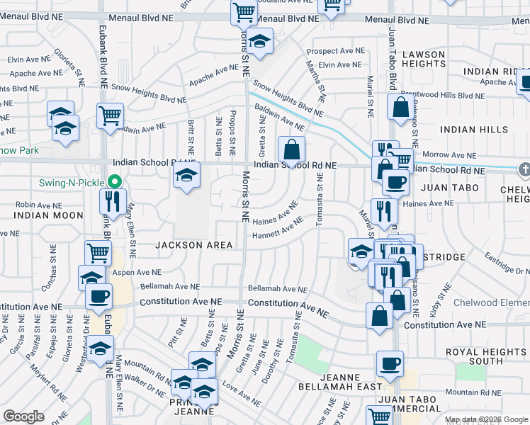 map of restaurants, bars, coffee shops, grocery stores, and more near 11201 Hannett Avenue Northeast in Albuquerque