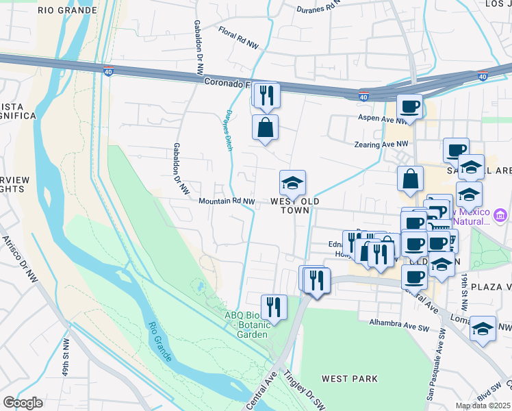 map of restaurants, bars, coffee shops, grocery stores, and more near 2800 Mountain Road Northwest in Albuquerque
