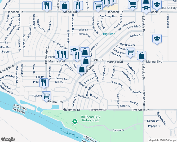 map of restaurants, bars, coffee shops, grocery stores, and more near 2088 Del Rey Drive in Bullhead City