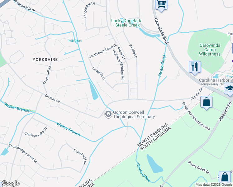 map of restaurants, bars, coffee shops, grocery stores, and more near 14323 Canvasback Drive in Charlotte