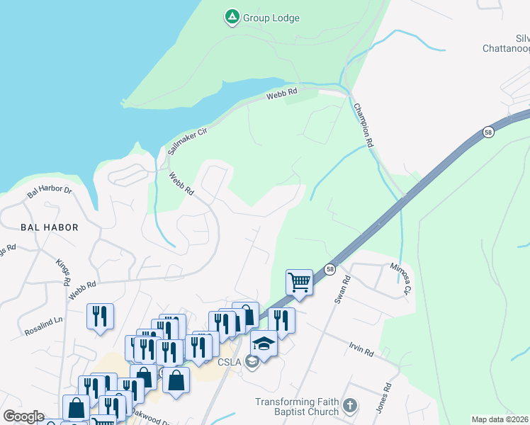 map of restaurants, bars, coffee shops, grocery stores, and more near 5059 Eller Road in Chattanooga