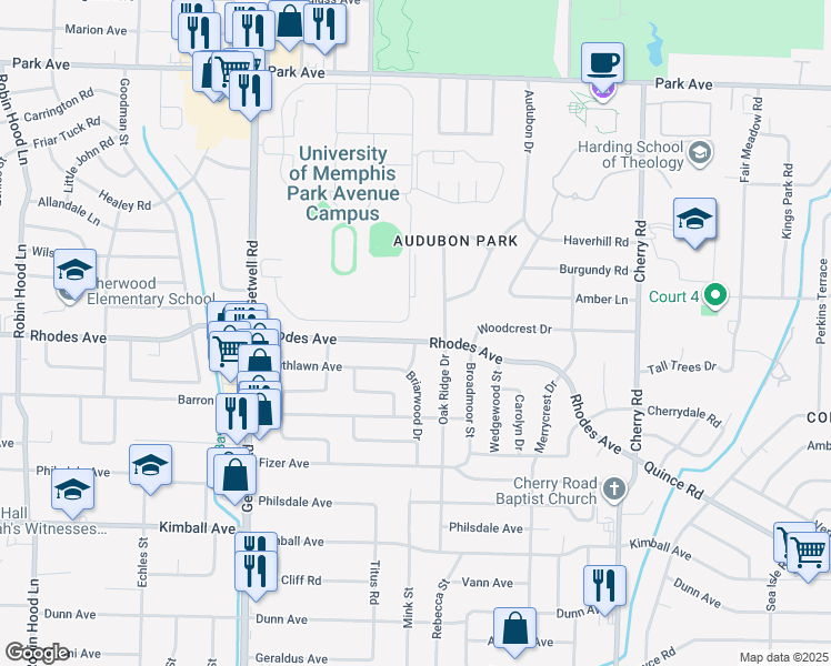 map of restaurants, bars, coffee shops, grocery stores, and more near 1225 Briarwood Drive in Memphis