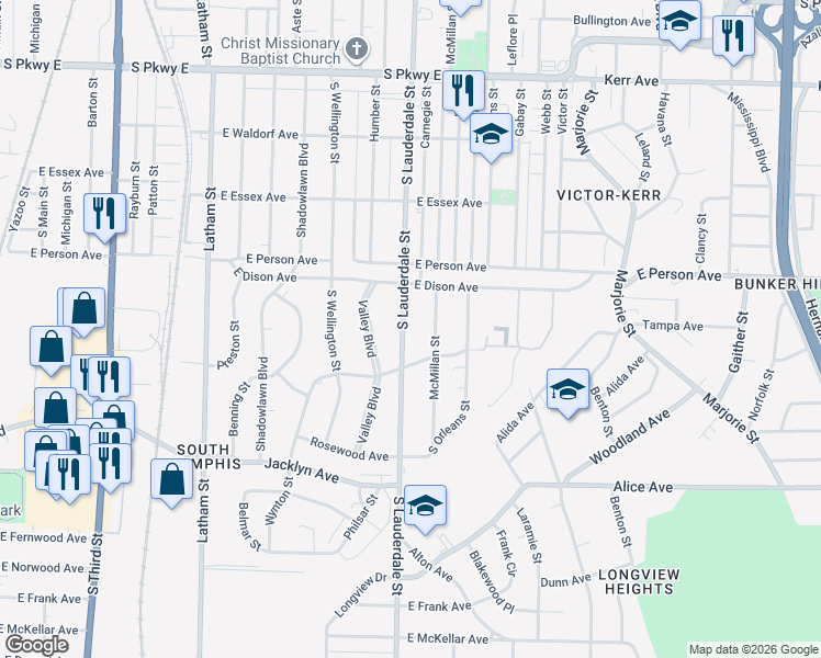map of restaurants, bars, coffee shops, grocery stores, and more near 1771 McMillan Street in Memphis