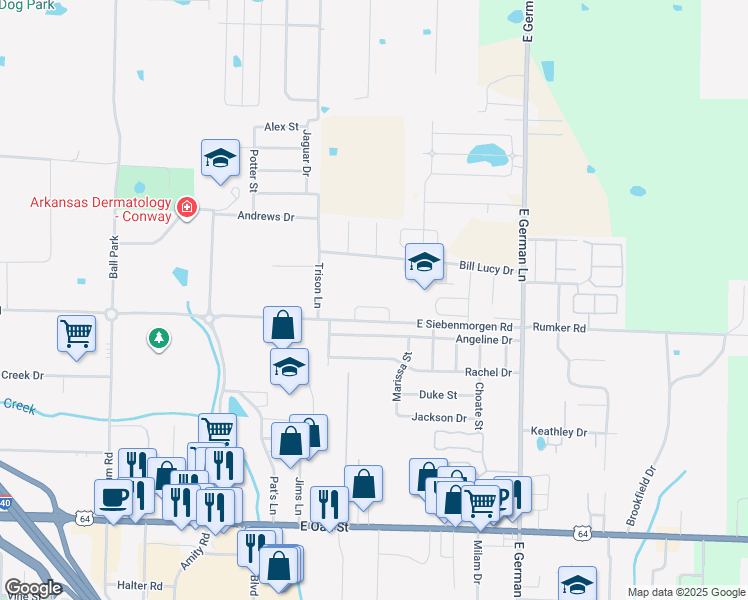 map of restaurants, bars, coffee shops, grocery stores, and more near 1520 Angeline Drive in Conway