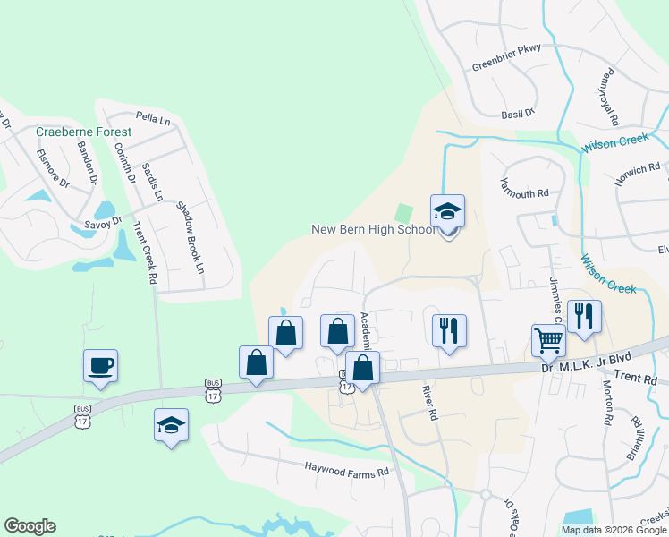 map of restaurants, bars, coffee shops, grocery stores, and more near 1133 Tomlinson Boulevard in New Bern