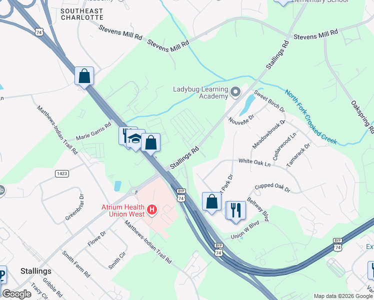 map of restaurants, bars, coffee shops, grocery stores, and more near 1933 Stallings Road in Stallings