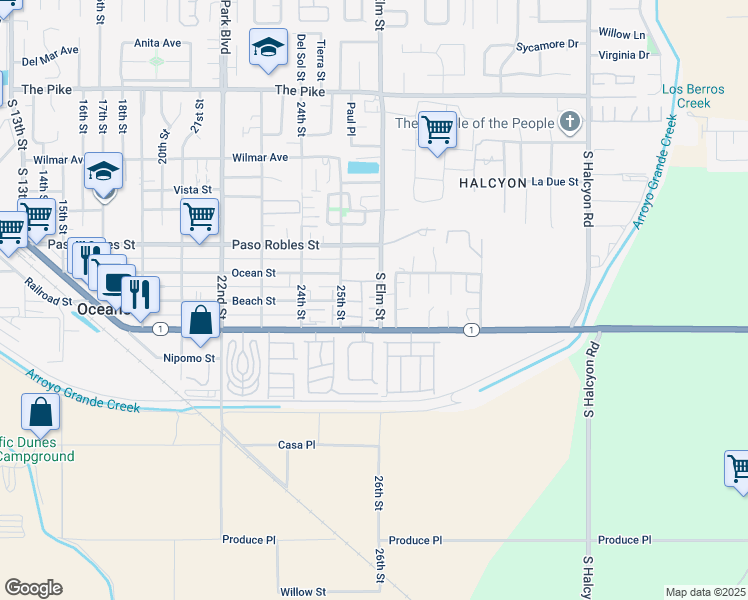 map of restaurants, bars, coffee shops, grocery stores, and more near 1862 South Elm Street in Oceano