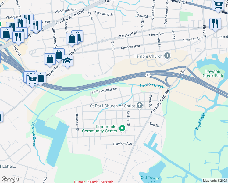map of restaurants, bars, coffee shops, grocery stores, and more near 1903 Ef Thompkins Lane in New Bern