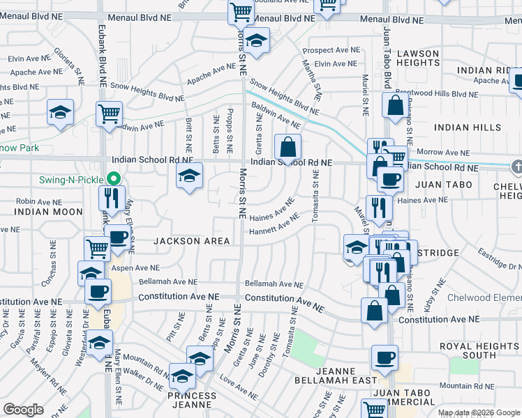 map of restaurants, bars, coffee shops, grocery stores, and more near 11201 Hannett Avenue Northeast in Albuquerque
